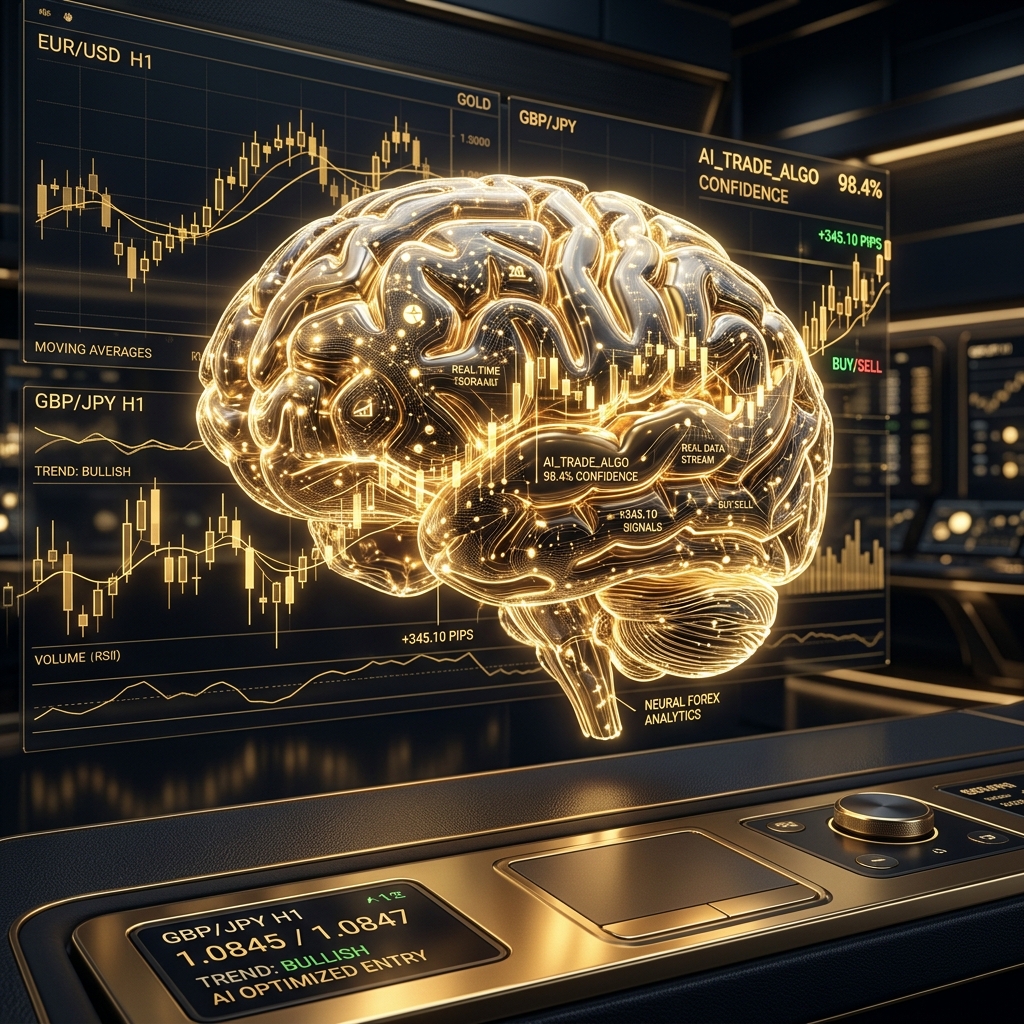 Futuristic AI brain with glowing forex charts